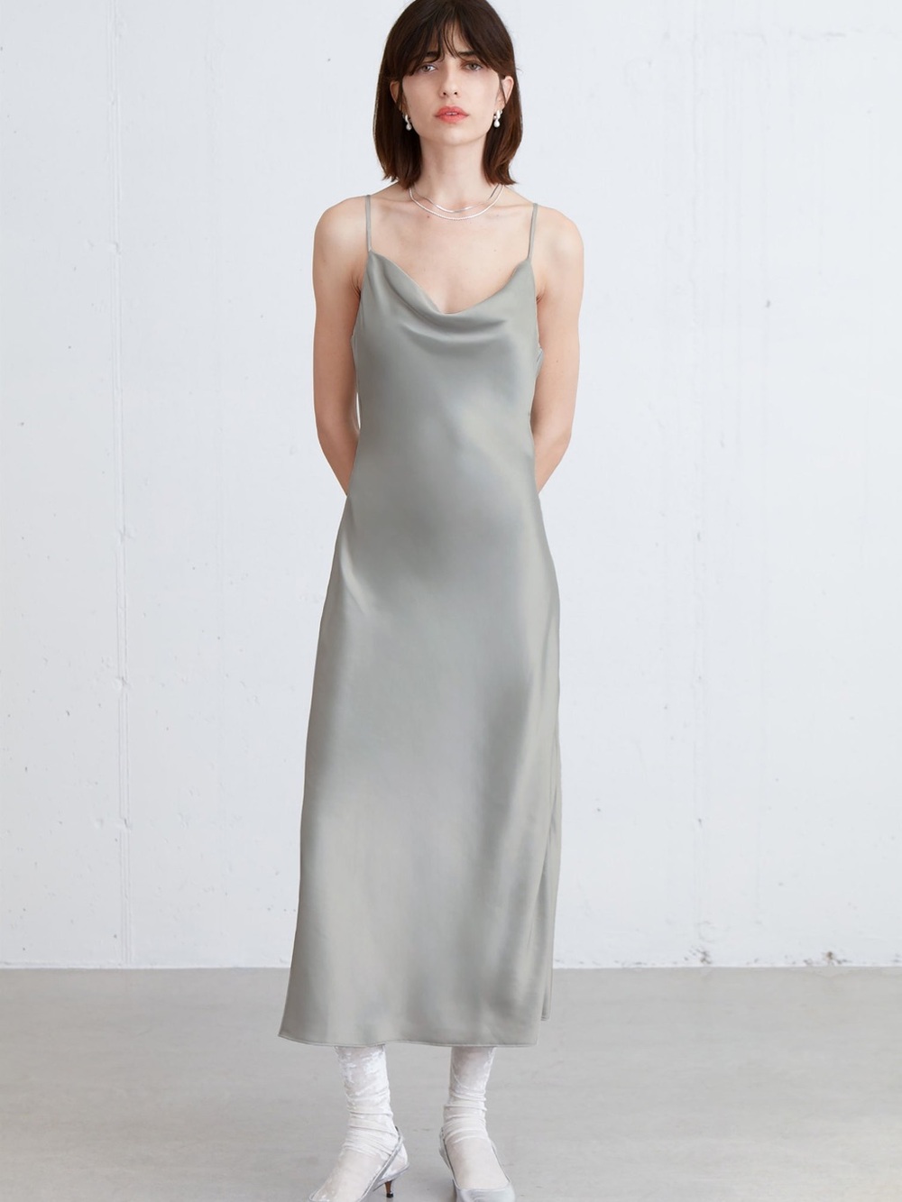 Oak + Fort Cowl Neck Satin Midi Dress - Limestone (Size M)